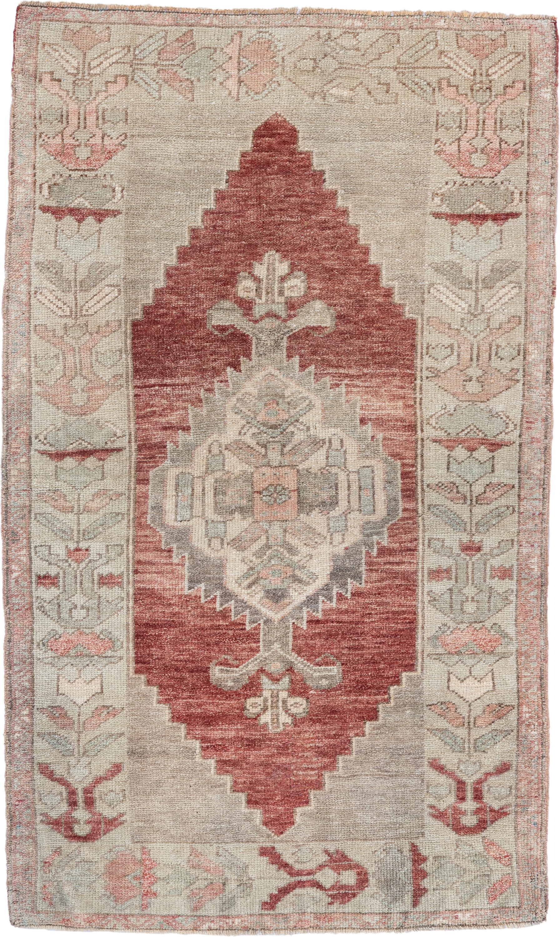 2' x 4' one-of-a-kind handmade vintage Anatolian small size rug. Color palette: ivory, terra cotta, blush, sage, taupe