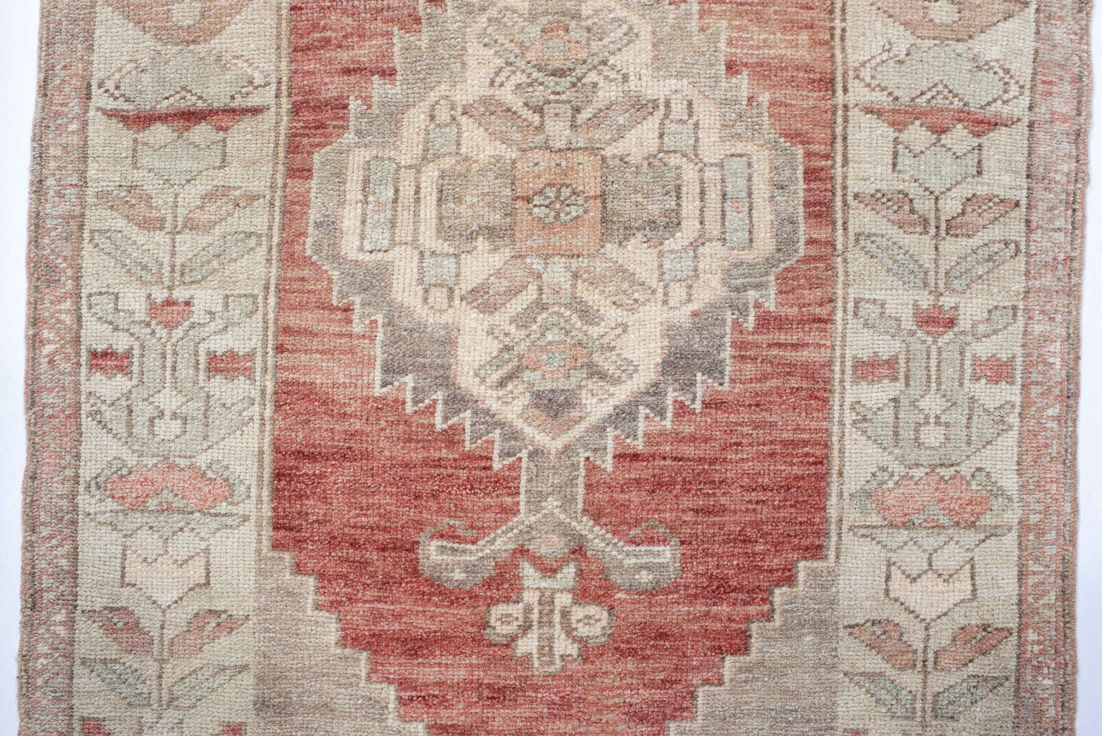 2' x 4' one-of-a-kind handmade vintage Anatolian small size rug. Color palette: ivory, terra cotta, blush, sage, taupe
