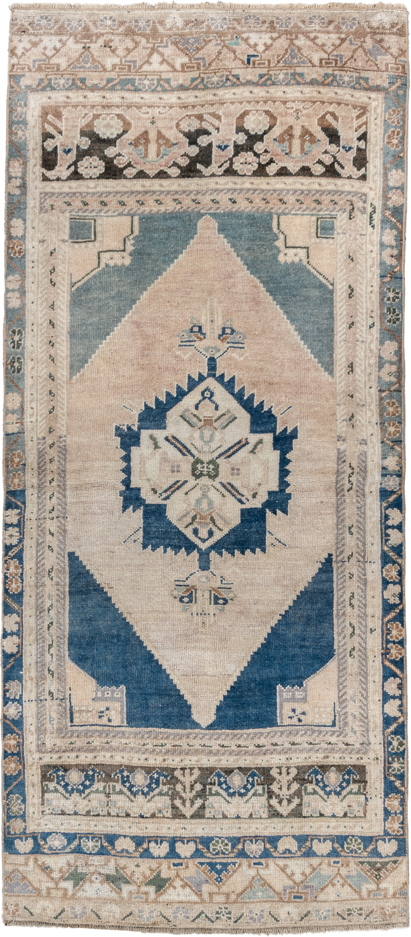 2' x 6' one-of-a-kind handmade vintage Anatolian runner rug. Color palette: ivory, indigo, beige, sky_blue, taupe, blush
