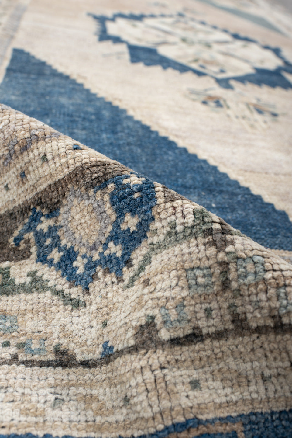 2' x 6' one-of-a-kind handmade vintage Anatolian runner rug. Color palette: ivory, indigo, beige, sky_blue, taupe, blush