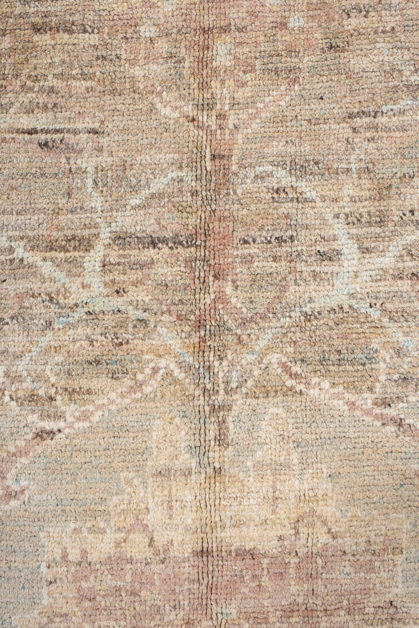 10' x 12' one-of-a-kind handmade vintage Arts Crafts oversize rug. Color palette: beige, taupe, blush, ivory, pale blue
