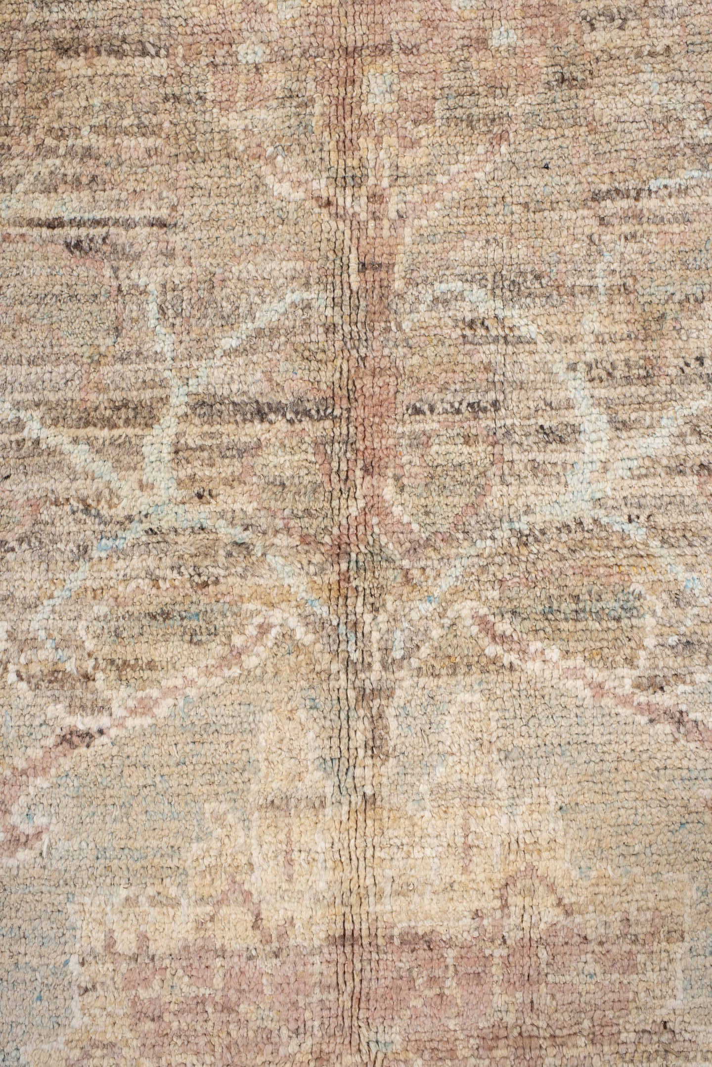 10' x 12' one-of-a-kind handmade vintage Arts Crafts oversize rug. Color palette: beige, taupe, blush, ivory, pale blue