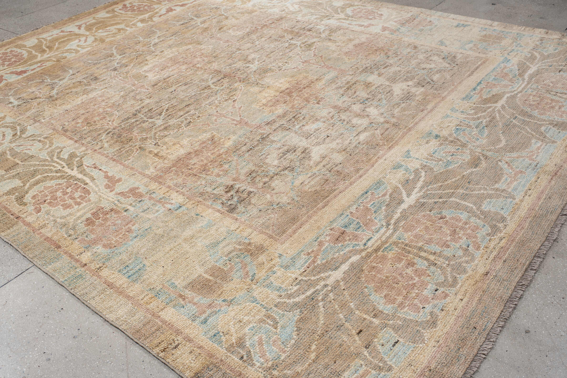 10' x 12' one-of-a-kind handmade vintage Arts Crafts oversize rug. Color palette: beige, taupe, blush, ivory, pale blue
