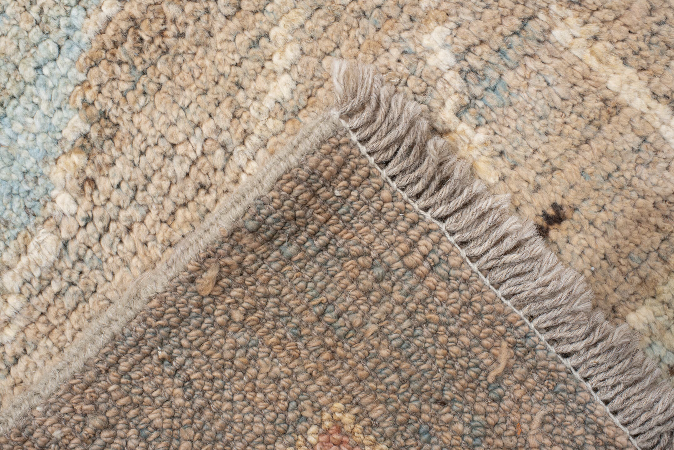 10' x 12' one-of-a-kind handmade vintage Arts Crafts oversize rug. Color palette: beige, taupe, blush, ivory, pale blue
