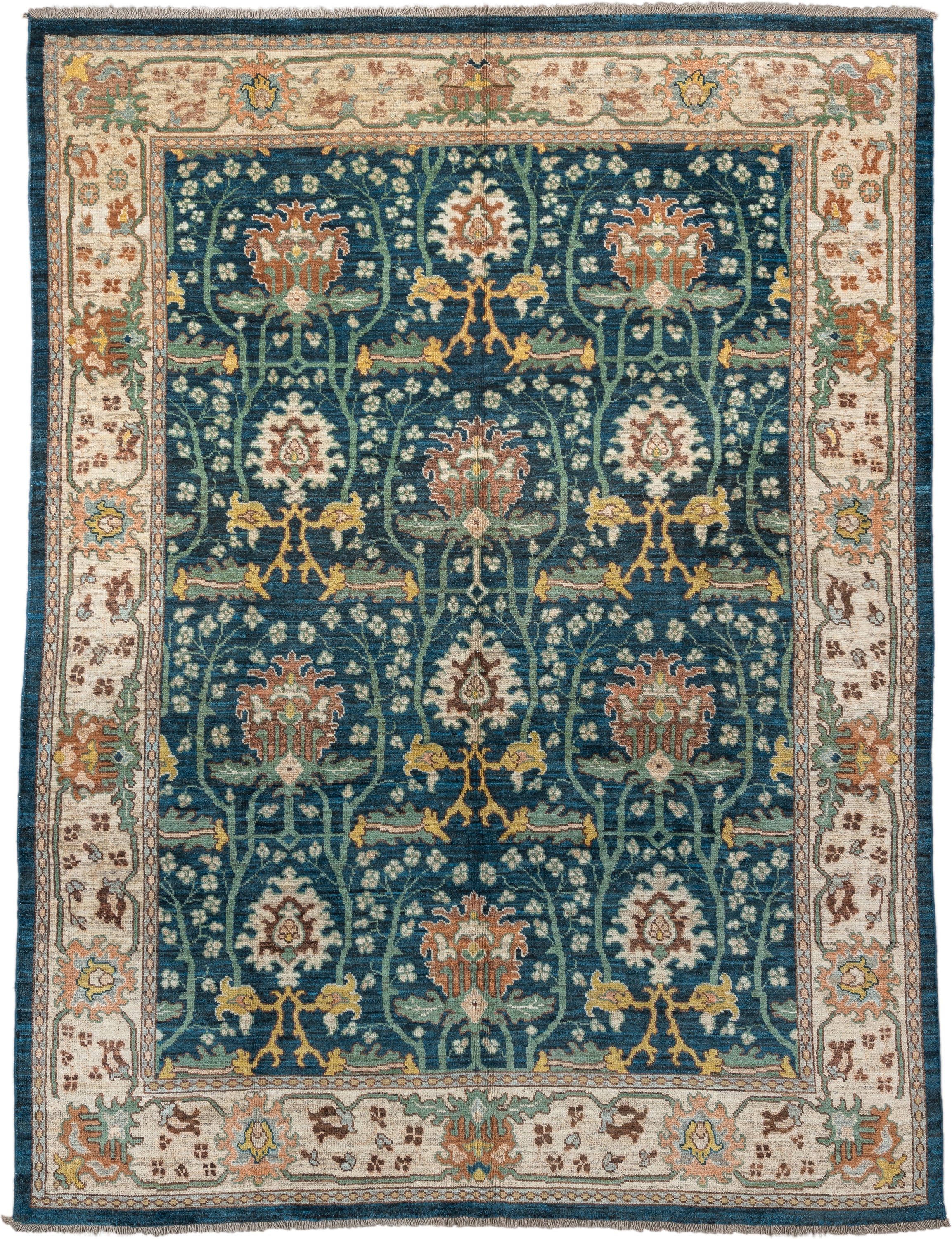 10' x 13' one-of-a-kind handmade vintage Arts & Crafts large size rug. Color palette: blue, ivory, teal, sage, rust, gold