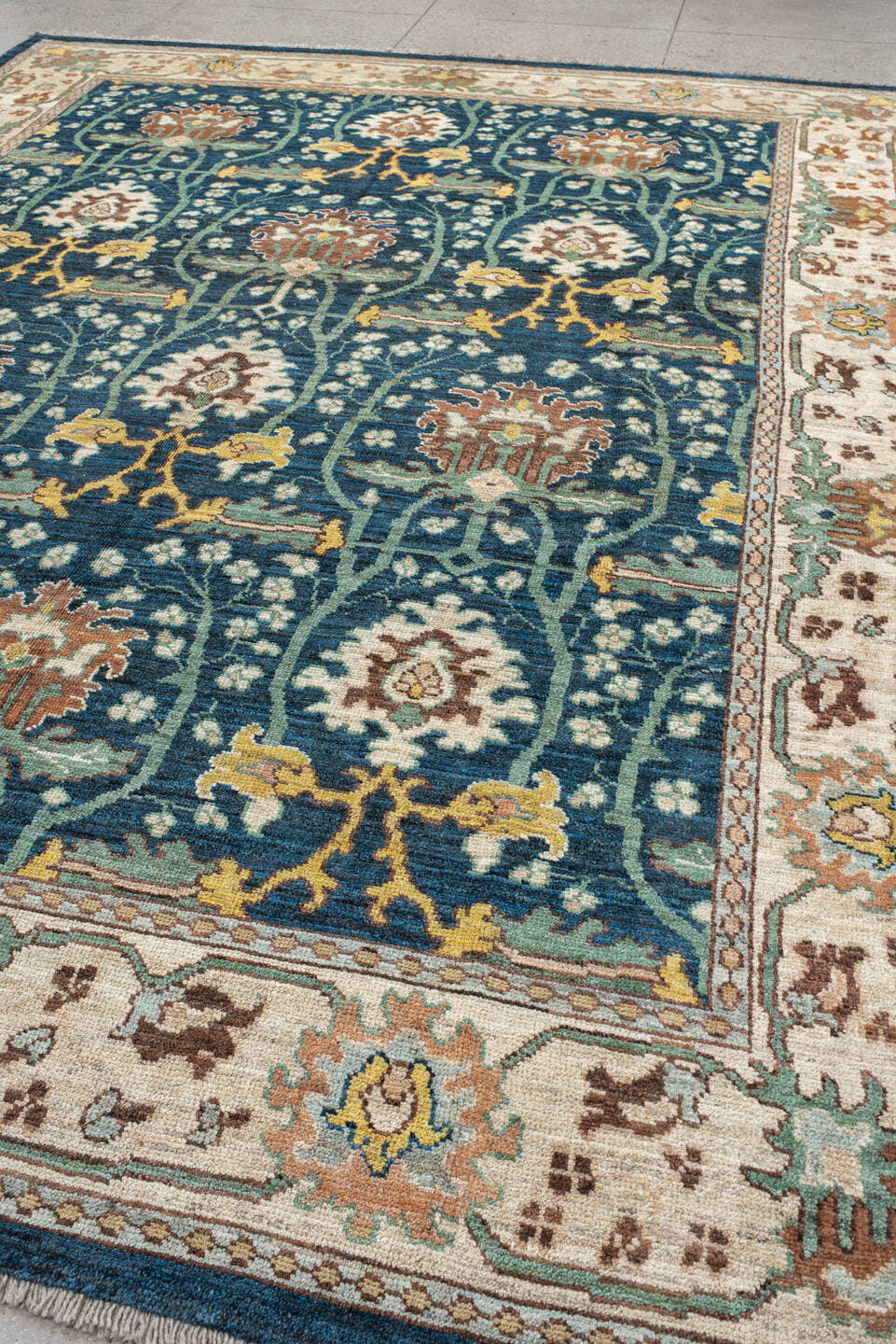 10' x 13' one-of-a-kind handmade vintage Arts & Crafts large size rug. Color palette: blue, ivory, teal, sage, rust, gold