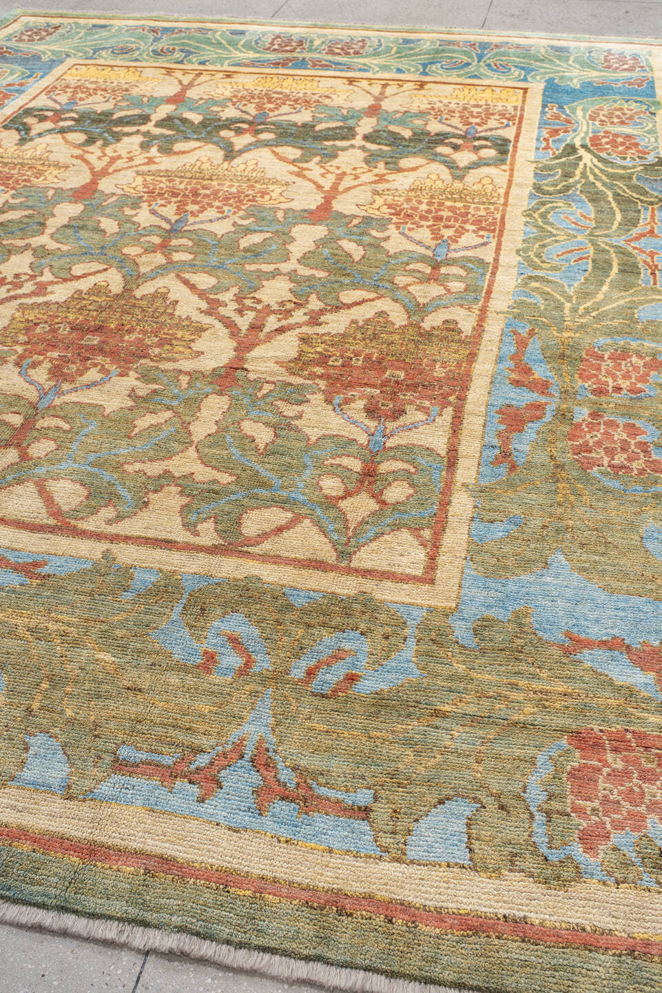9' x 12' one-of-a-kind handmade vintage Arts & Crafts large size rug. Color palette: ivory, sky blue, sage, rust, gold