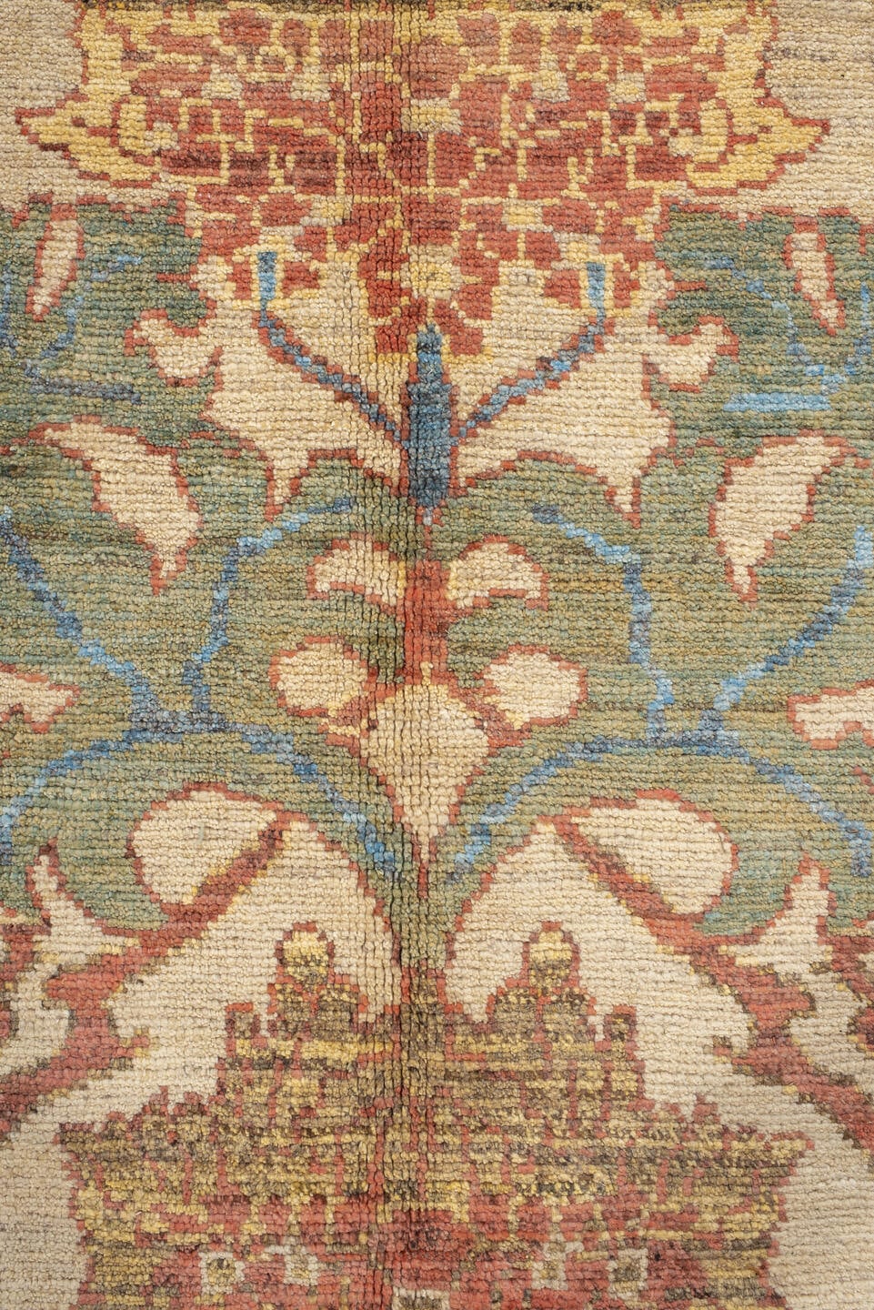 9' x 12' one-of-a-kind handmade vintage Arts & Crafts large size rug. Color palette: ivory, sky blue, sage, rust, gold