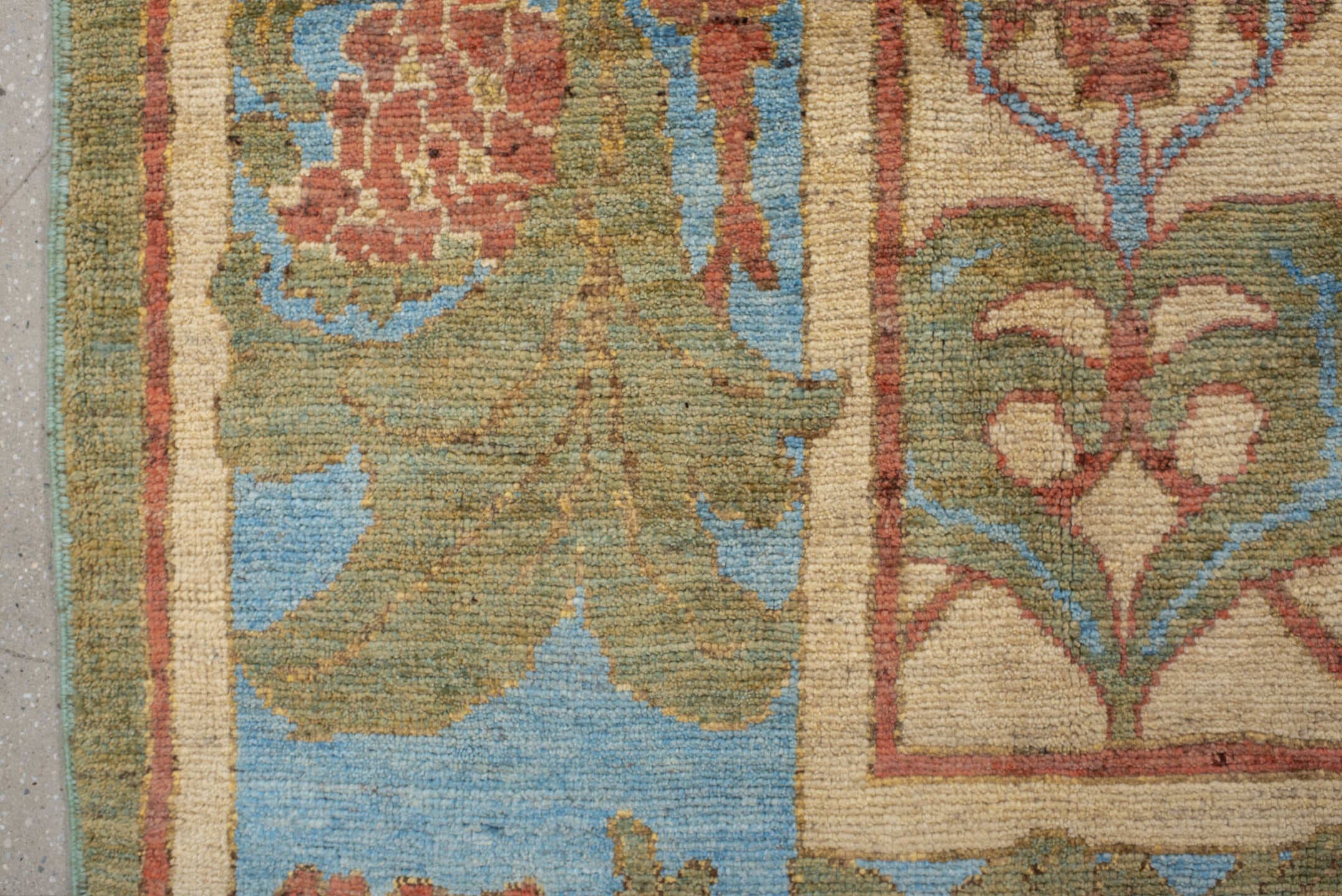9' x 12' one-of-a-kind handmade vintage Arts & Crafts large size rug. Color palette: ivory, sky blue, sage, rust, gold