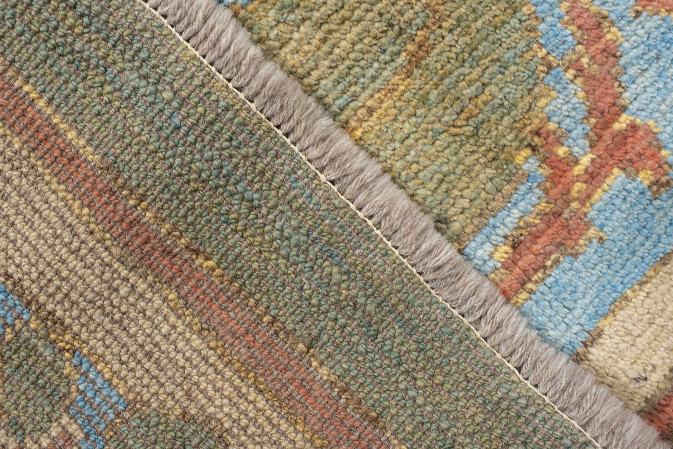 9' x 12' one-of-a-kind handmade vintage Arts & Crafts large size rug. Color palette: ivory, sky blue, sage, rust, gold