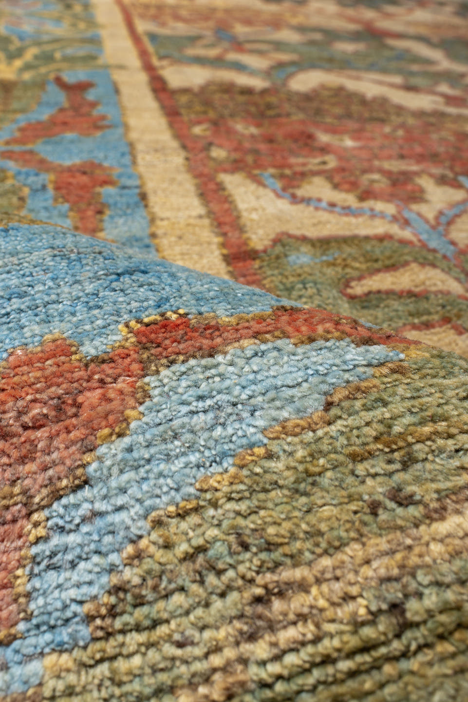 9' x 12' one-of-a-kind handmade vintage Arts & Crafts large size rug. Color palette: ivory, sky blue, sage, rust, gold