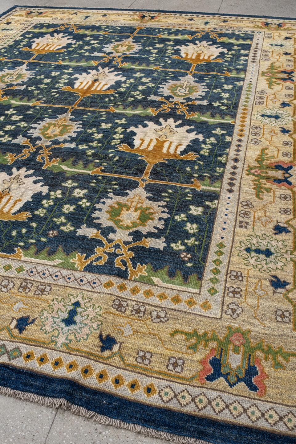 10' x 13' one-of-a-kind handmade vintage Arts & Crafts large size rug. Color palette: navy, ivory, gold, sage, olive, camel