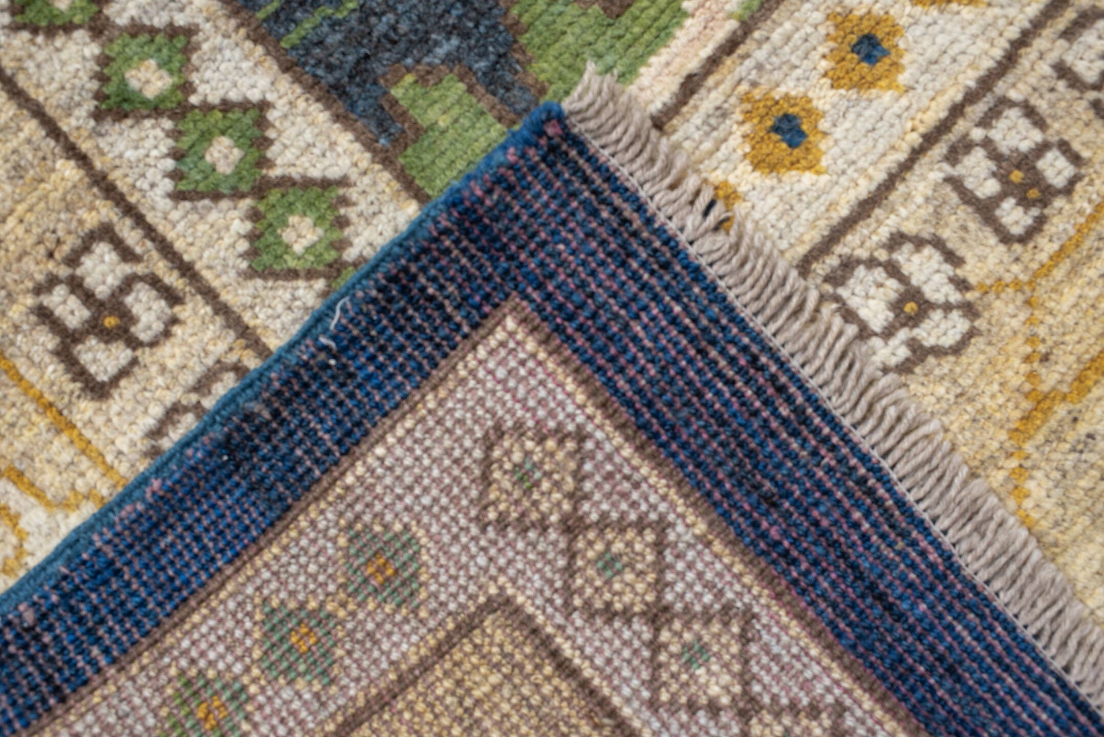 10' x 13' one-of-a-kind handmade vintage Arts & Crafts large size rug. Color palette: navy, ivory, gold, sage, olive, camel