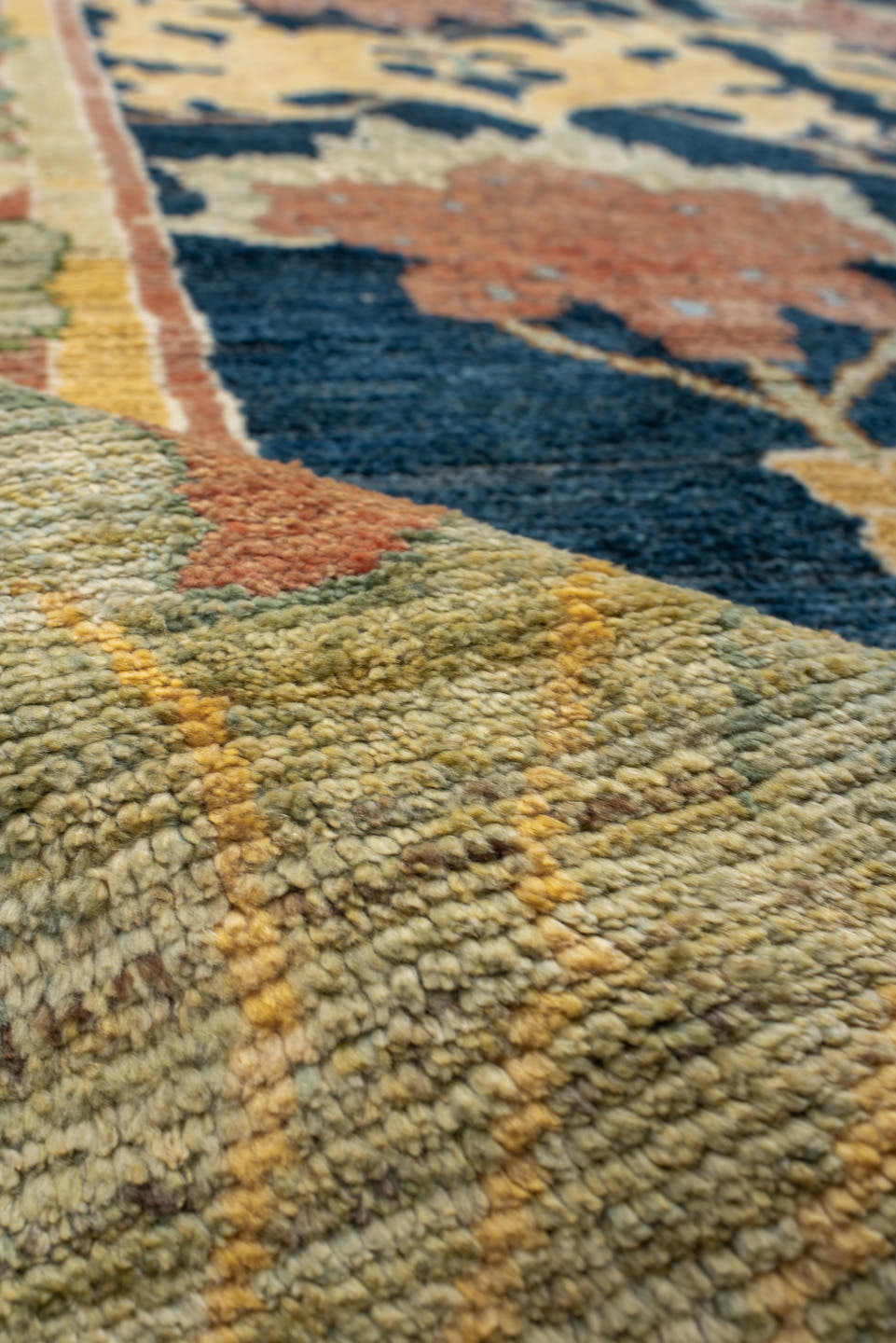 8' x 11' one-of-a-kind handmade vintage Arts & Crafts large size rug. Color palette: navy, sage, gold, terra cotta, ivory