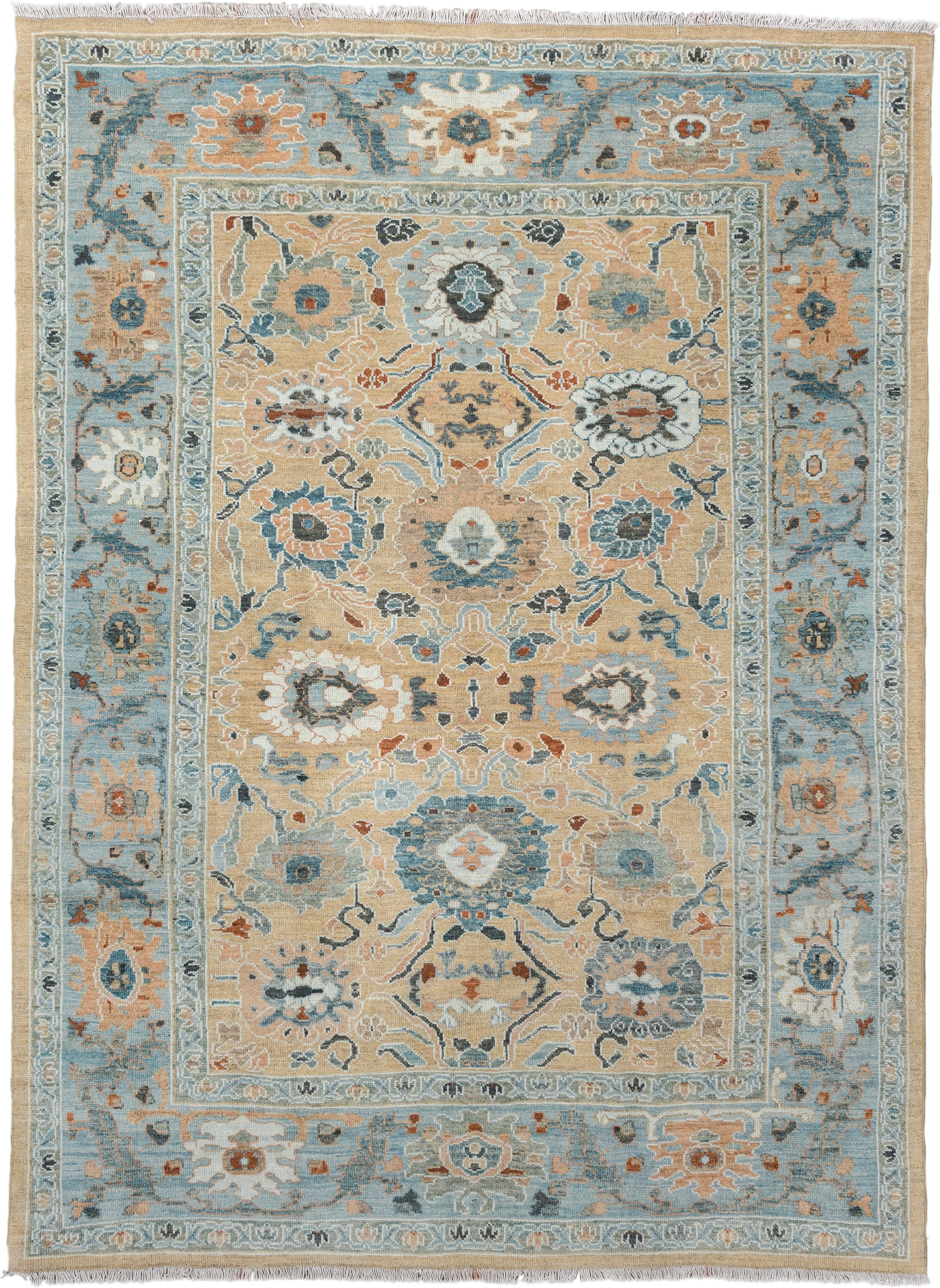 7' x 9' one-of-a-kind handmade vintage Sultanabad large size rug. Color palette: sky blue, tan, ivory, slate, camel, rust