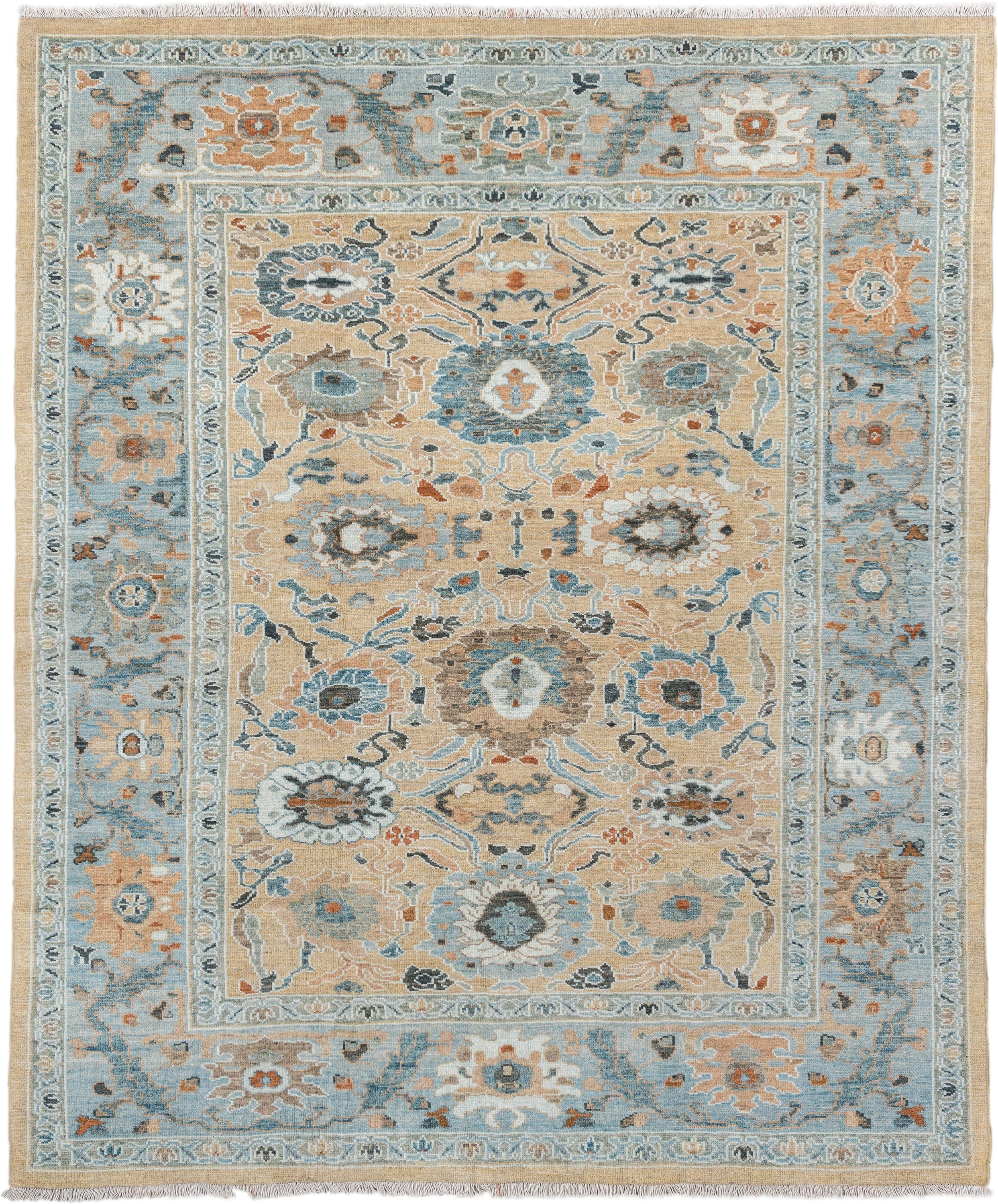 7' x 8' one-of-a-kind handmade vintage Sultanabad rug. Color palette: light blue, beige, ivory, taupe, slate, rust, brown