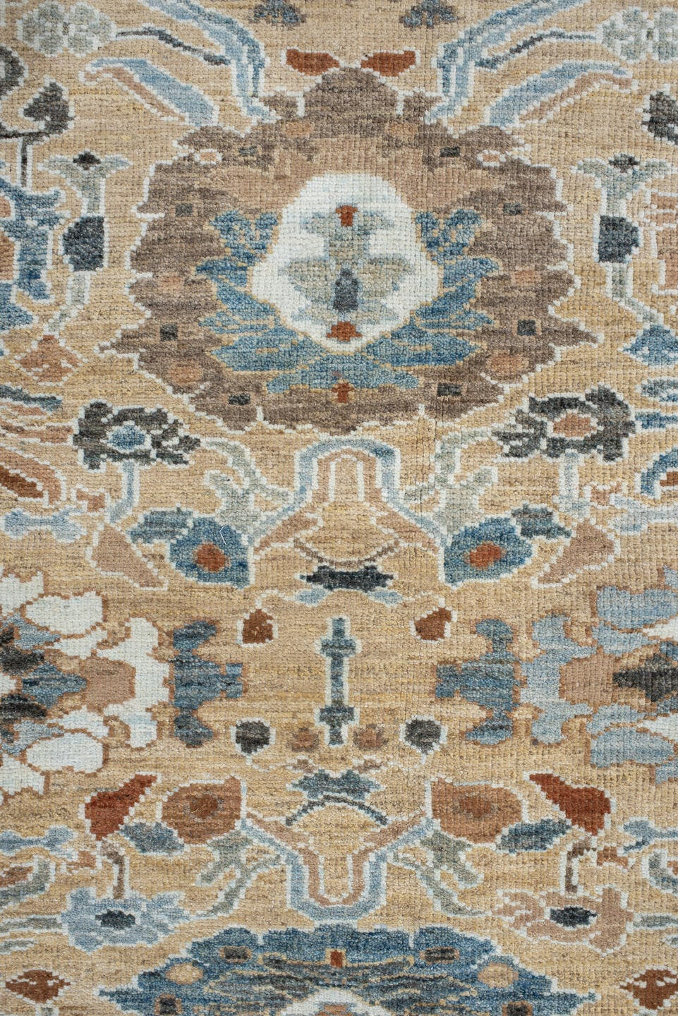 7' x 8' one-of-a-kind handmade vintage Sultanabad rug. Color palette: light blue, beige, ivory, taupe, slate, rust, brown