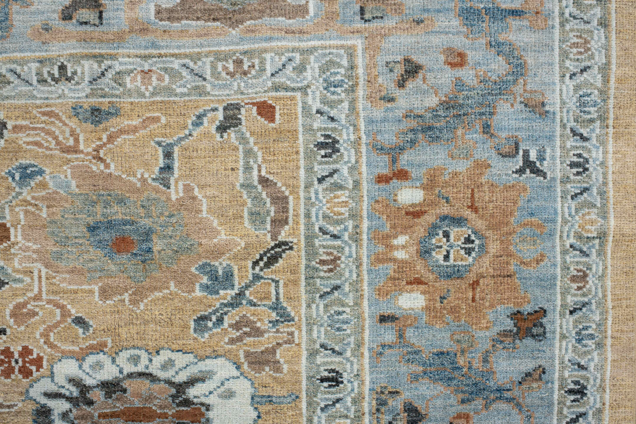 7' x 8' one-of-a-kind handmade vintage Sultanabad rug. Color palette: light blue, beige, ivory, taupe, slate, rust, brown
