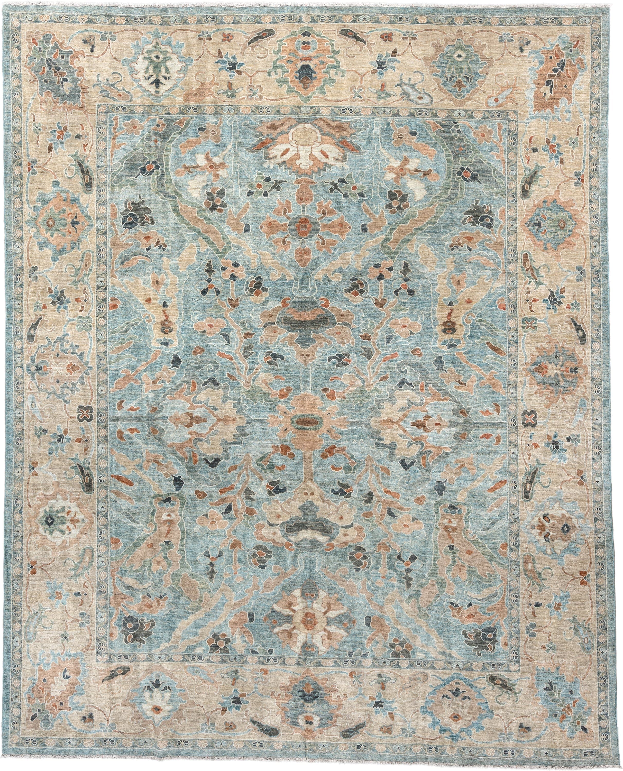 9' x 12' one-of-a-kind handmade vintage Sultanabad large size rug. Color palette: sky blue, ivory, taupe, terra cotta, slate