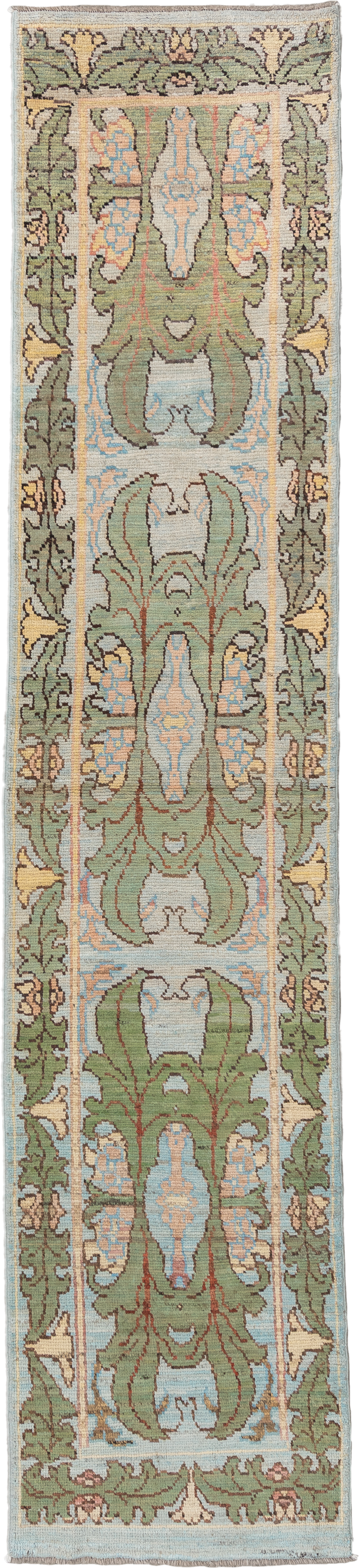 2' x 13' one-of-a-kind handmade vintage Arts & Crafts runner rug. Color palette: sage, ivory, pale blue, taupe, camel, olive