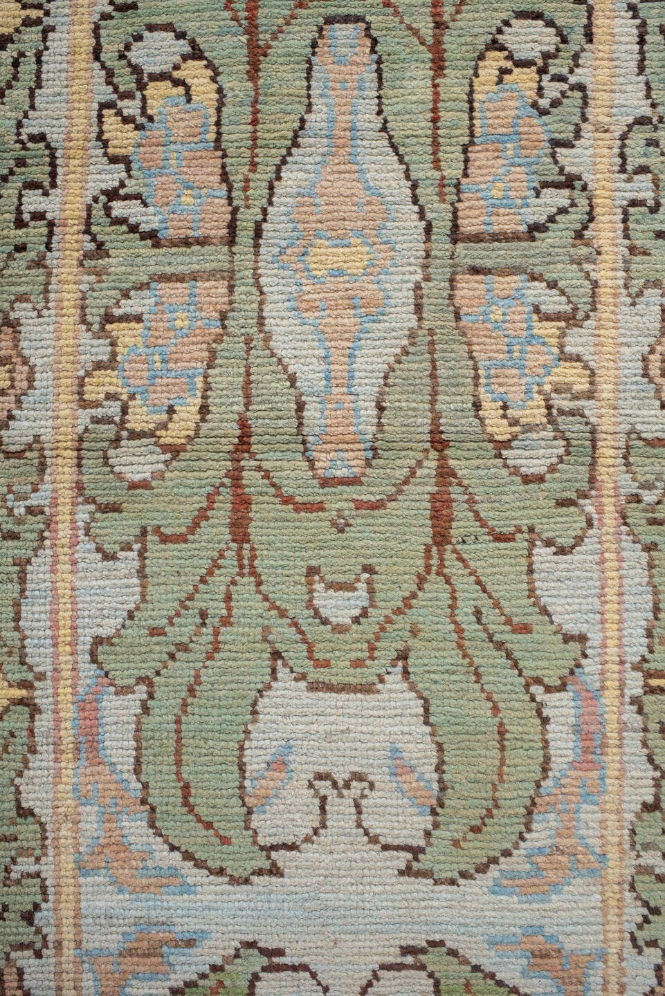 2' x 13' one-of-a-kind handmade vintage Arts & Crafts runner rug. Color palette: sage, ivory, pale blue, taupe, camel, olive