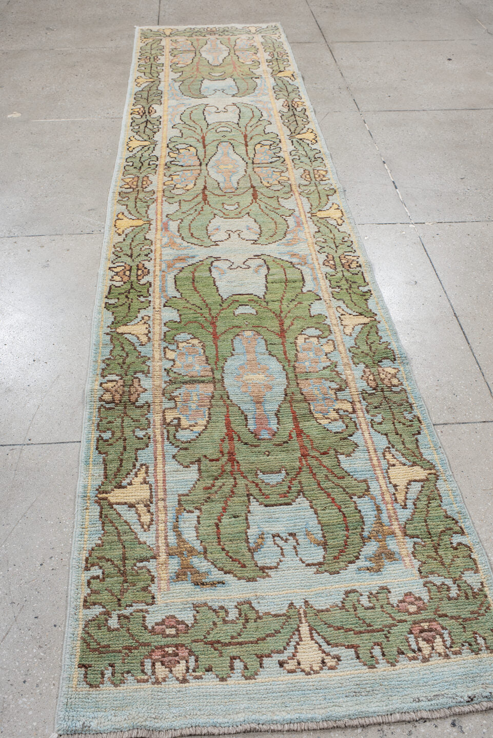 2' x 13' one-of-a-kind handmade vintage Arts & Crafts runner rug. Color palette: sage, ivory, pale blue, taupe, camel, olive