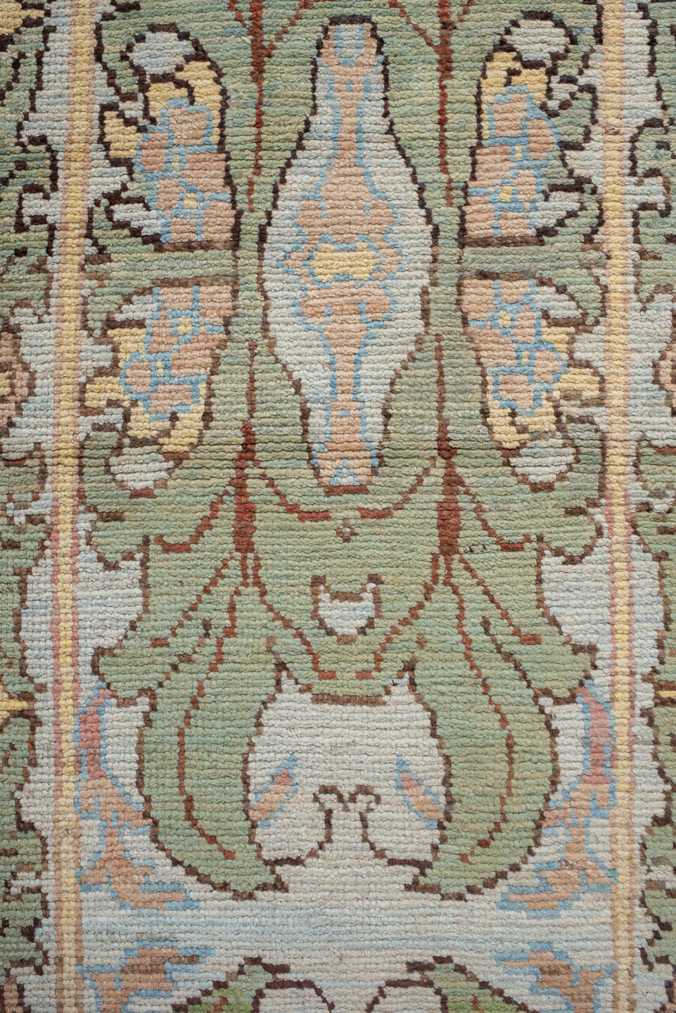 2' x 13' one-of-a-kind handmade vintage Arts & Crafts runner rug. Color palette: sage, ivory, pale blue, taupe, camel, olive