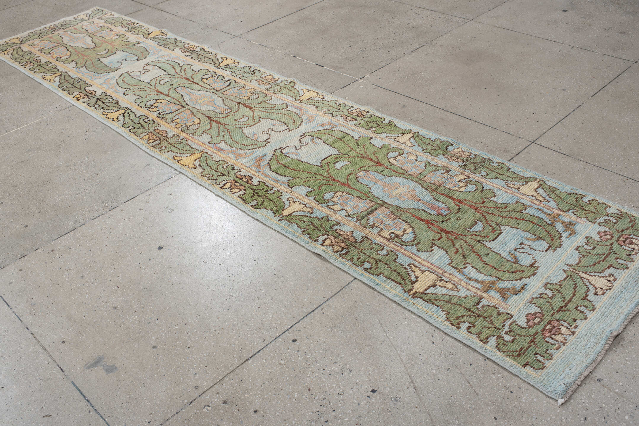 2' x 13' one-of-a-kind handmade vintage Arts & Crafts runner rug. Color palette: sage, ivory, pale blue, taupe, camel, olive