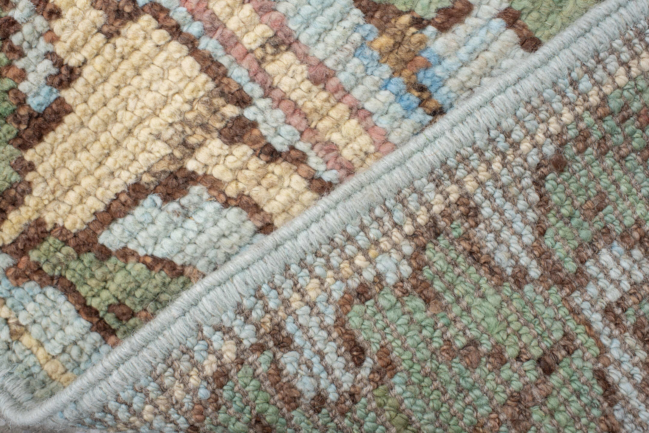2' x 13' one-of-a-kind handmade vintage Arts & Crafts runner rug. Color palette: sage, ivory, pale blue, taupe, camel, olive