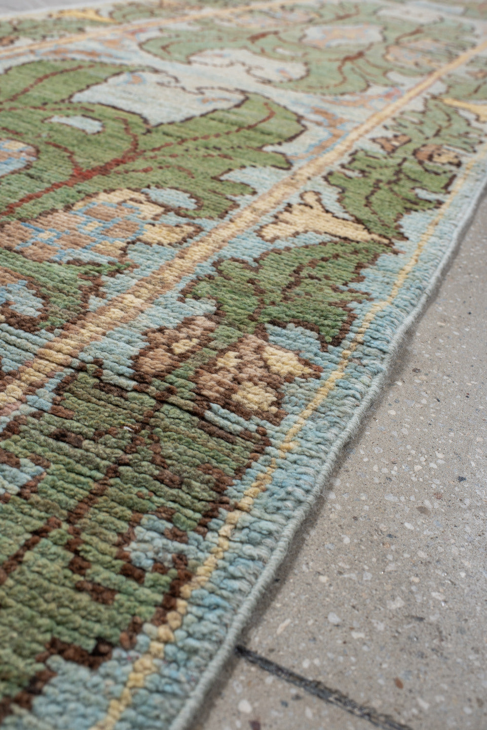 2' x 13' one-of-a-kind handmade vintage Arts & Crafts runner rug. Color palette: sage, ivory, pale blue, taupe, camel, olive