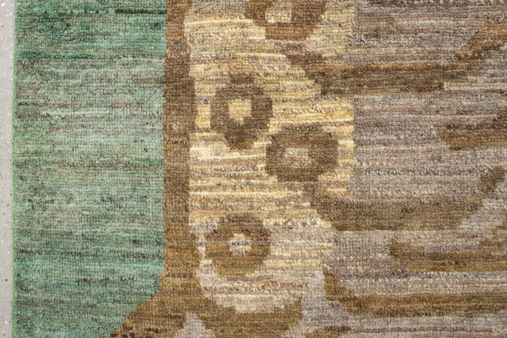 8' x 13' one-of-a-kind handmade vintage Tiger large size rug. Color palette: sage, taupe, camel, brown, rust, ivory