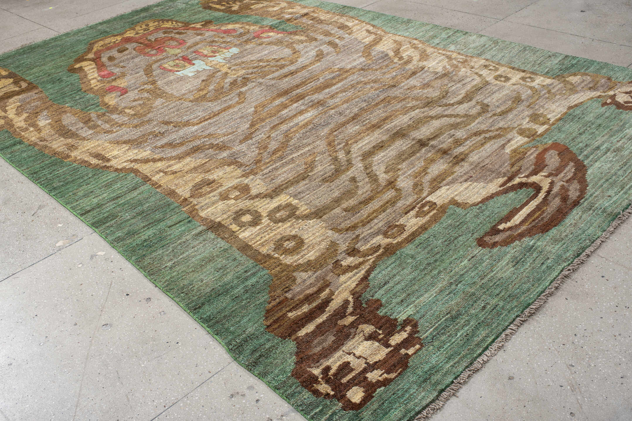 8' x 13' one-of-a-kind handmade vintage Tiger large size rug. Color palette: sage, taupe, camel, brown, rust, ivory