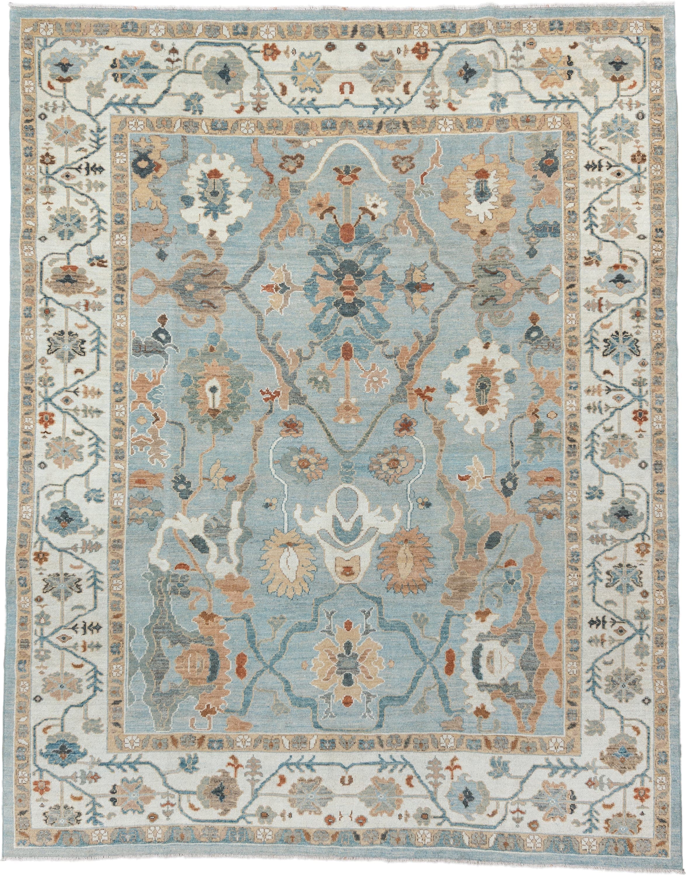 8' x 11' one-of-a-kind handmade vintage Oushak large size rug. Color palette: light blue, ivory, taupe, beige, slate