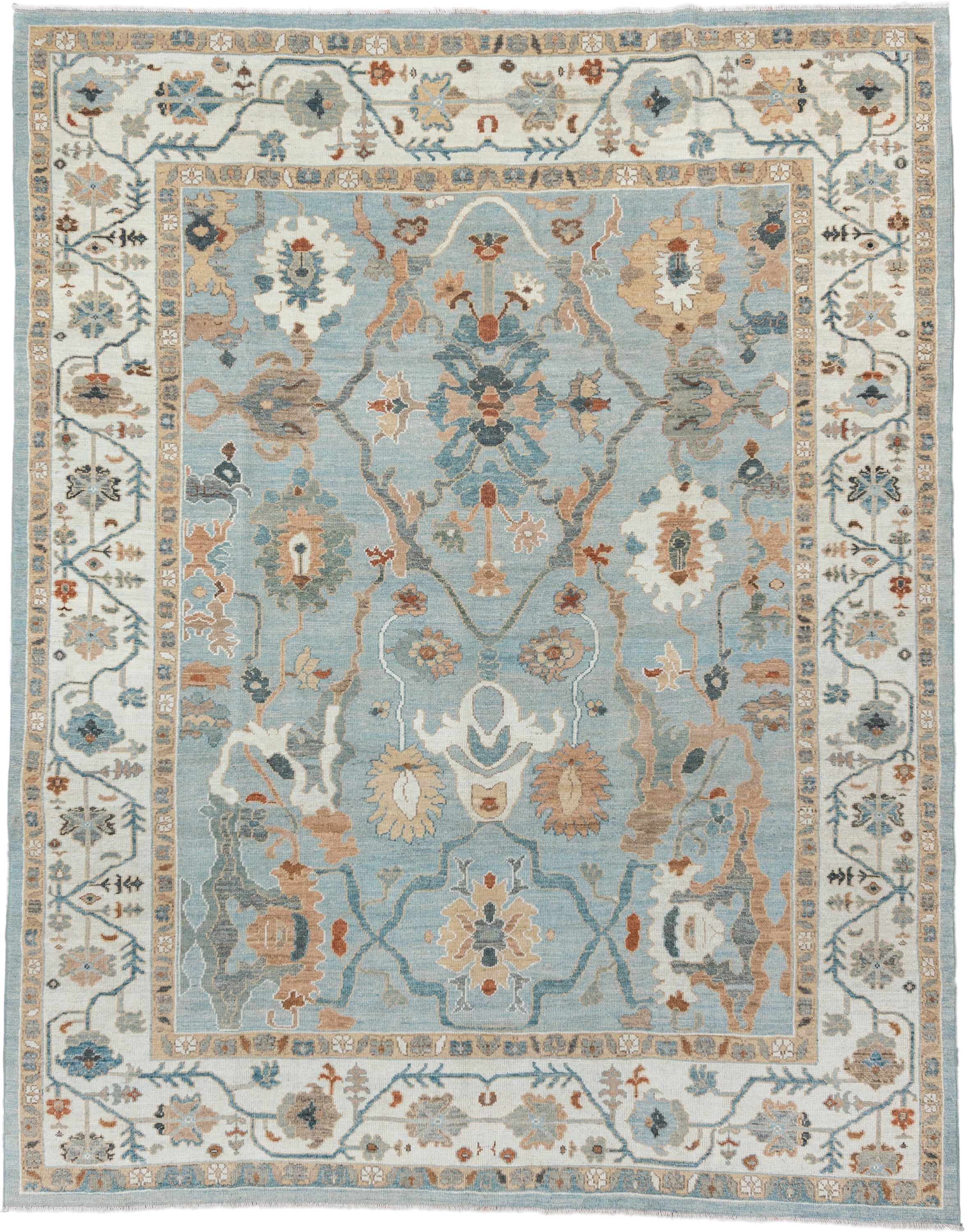 8' x 11' one-of-a-kind handmade vintage Oushak large size rug. Color palette: light blue, ivory, taupe, beige, slate