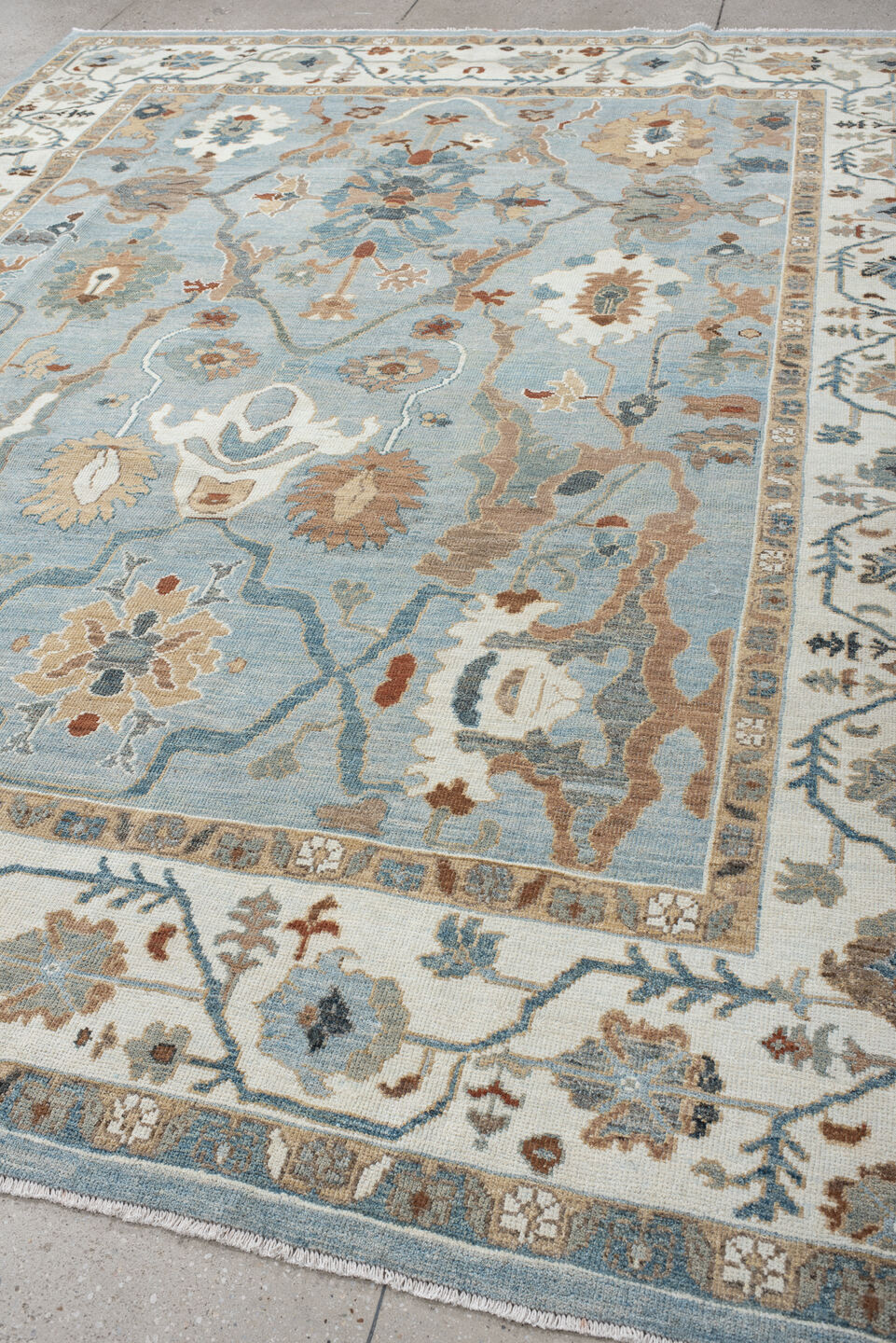 8' x 11' one-of-a-kind handmade vintage Oushak large size rug. Color palette: light blue, ivory, taupe, beige, slate
