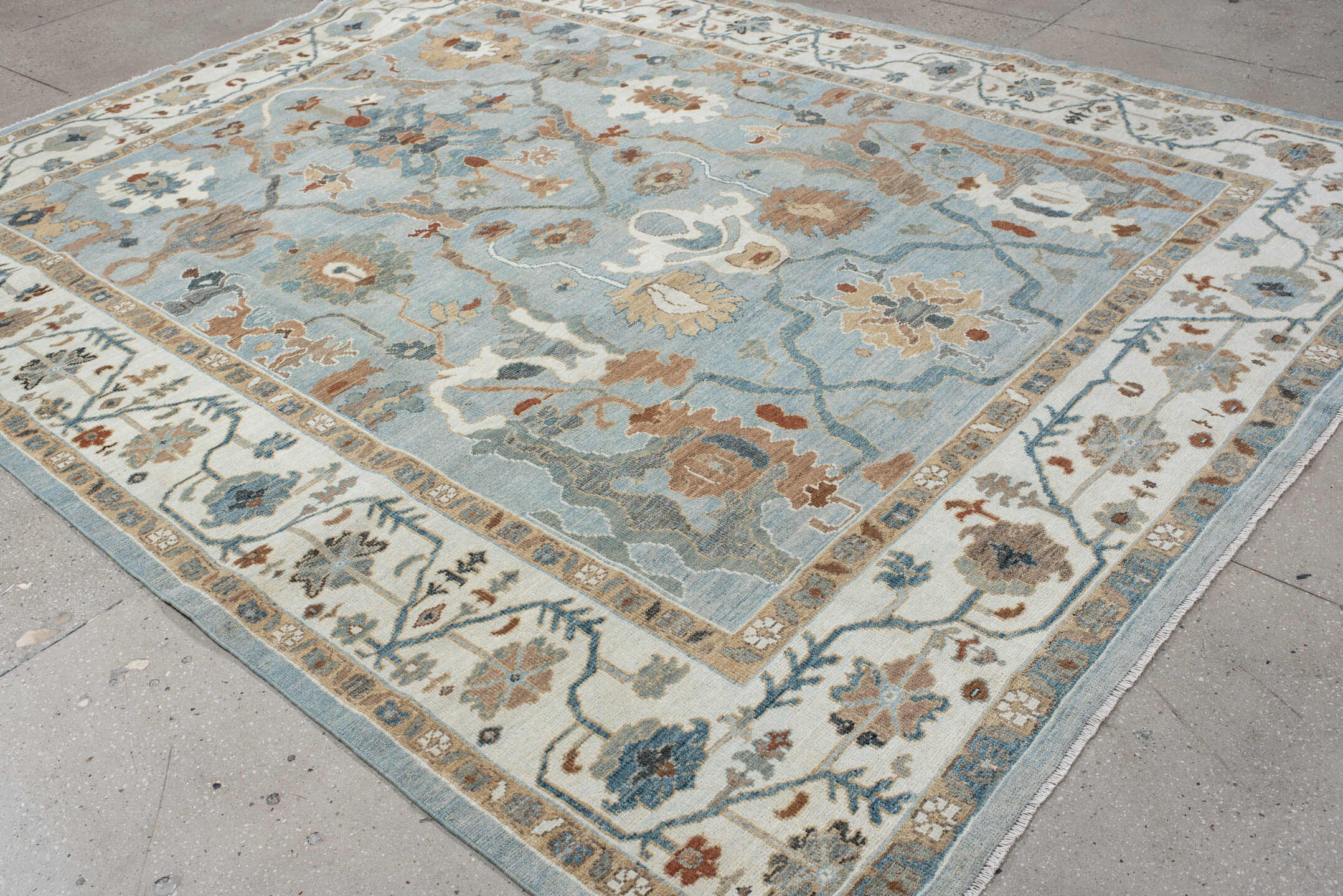 8' x 11' one-of-a-kind handmade vintage Oushak large size rug. Color palette: light blue, ivory, taupe, beige, slate