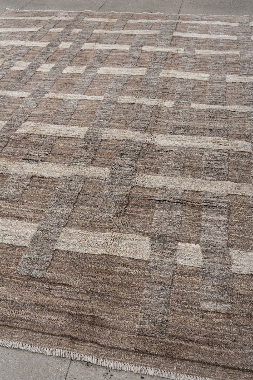 9' x 12' one-of-a-kind handmade vintage Moroccan large size rug. Color palette: taupe, ivory, stone, greige, beige, camel