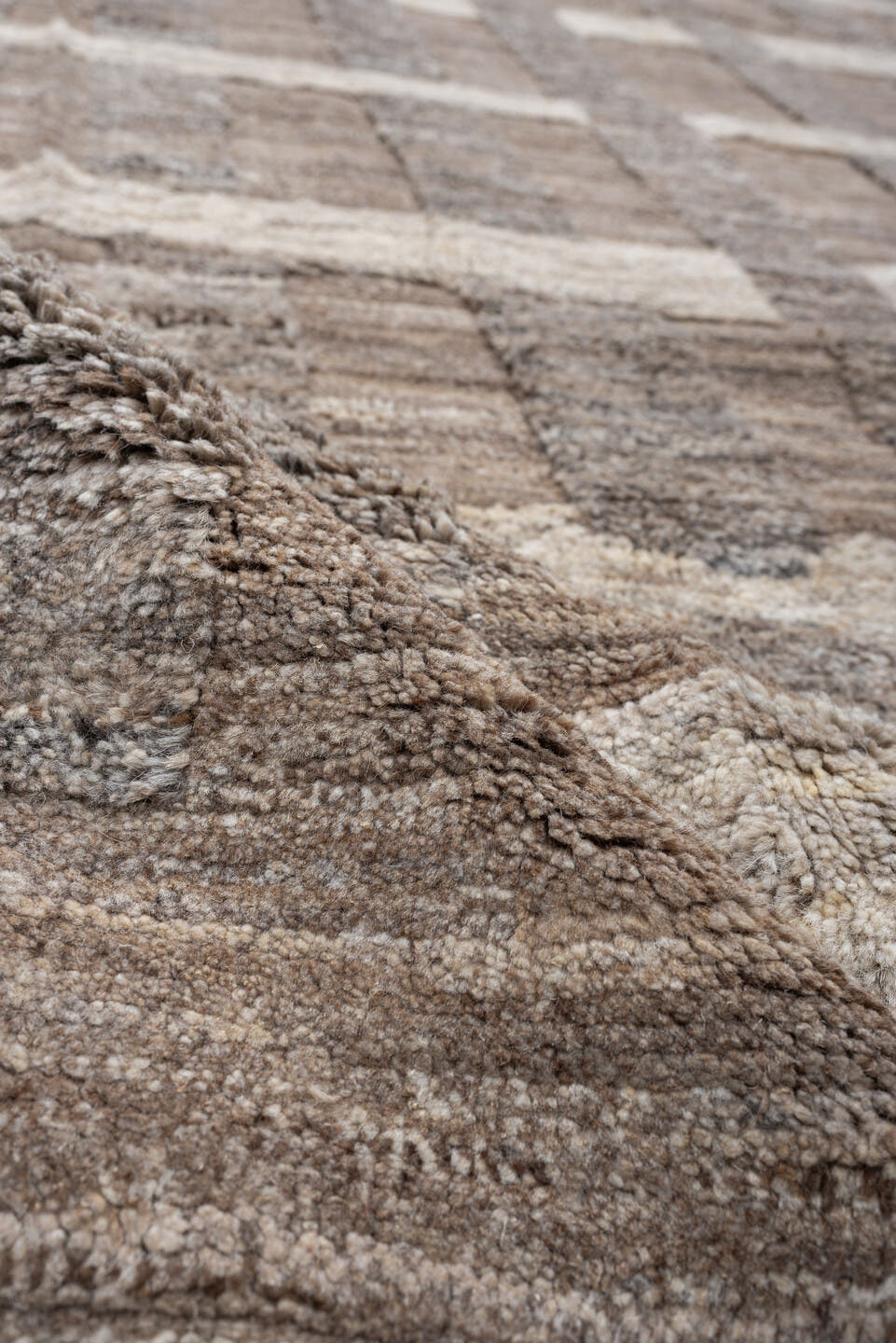 9' x 12' one-of-a-kind handmade vintage Moroccan large size rug. Color palette: taupe, ivory, stone, greige, beige, camel