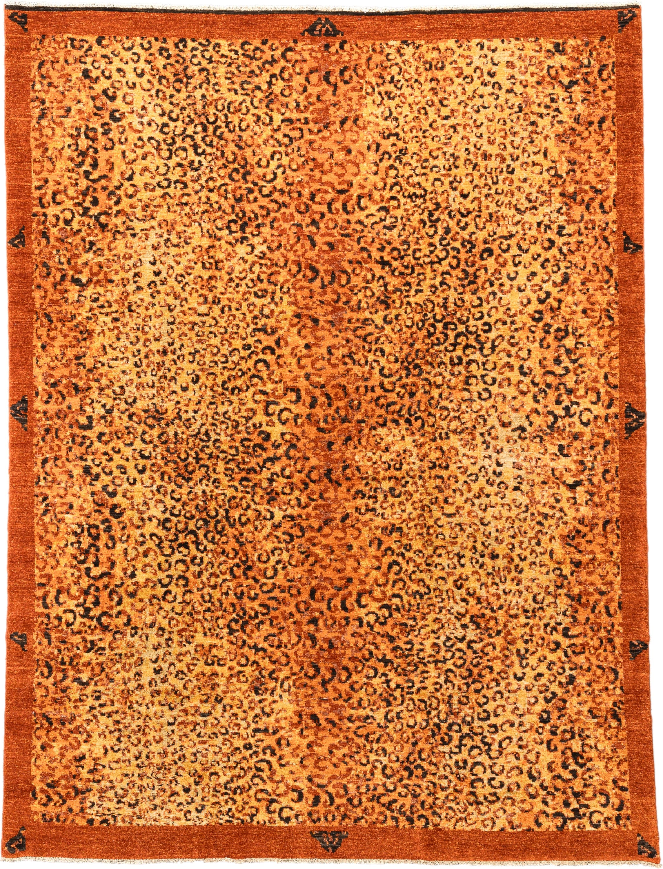 8' x 11' one-of-a-kind handmade vintage Tiger large size rug. Color palette: terra cotta, camel, charcoal, rust, gold