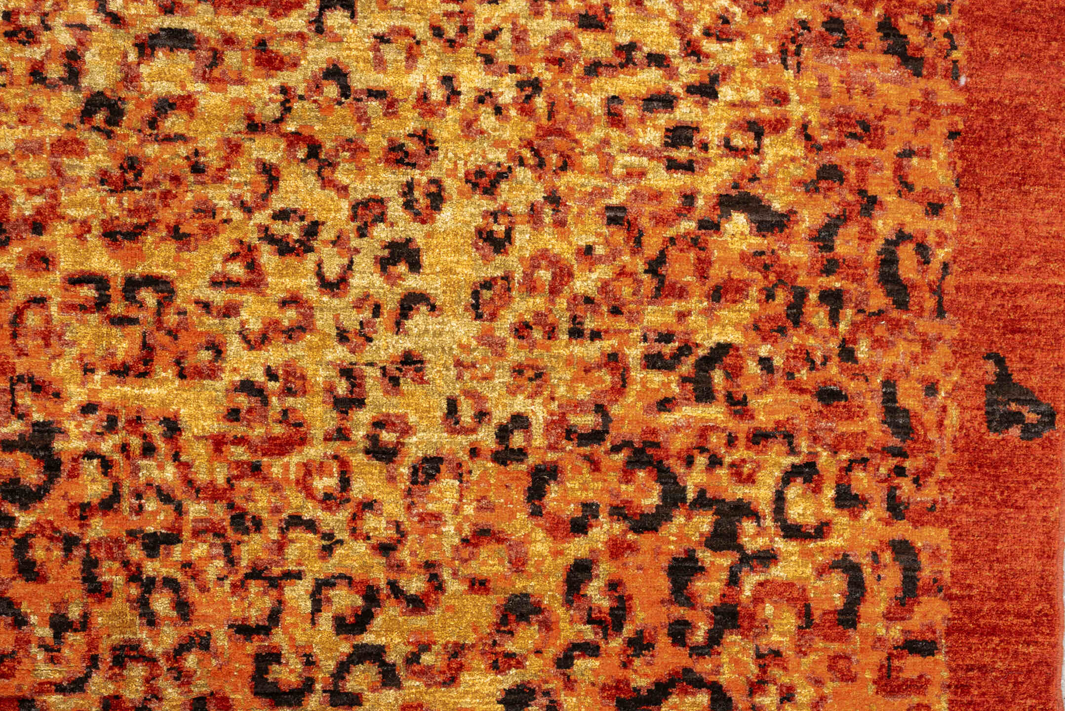 8' x 11' one-of-a-kind handmade vintage Tiger large size rug. Color palette: terra cotta, camel, charcoal, rust, gold