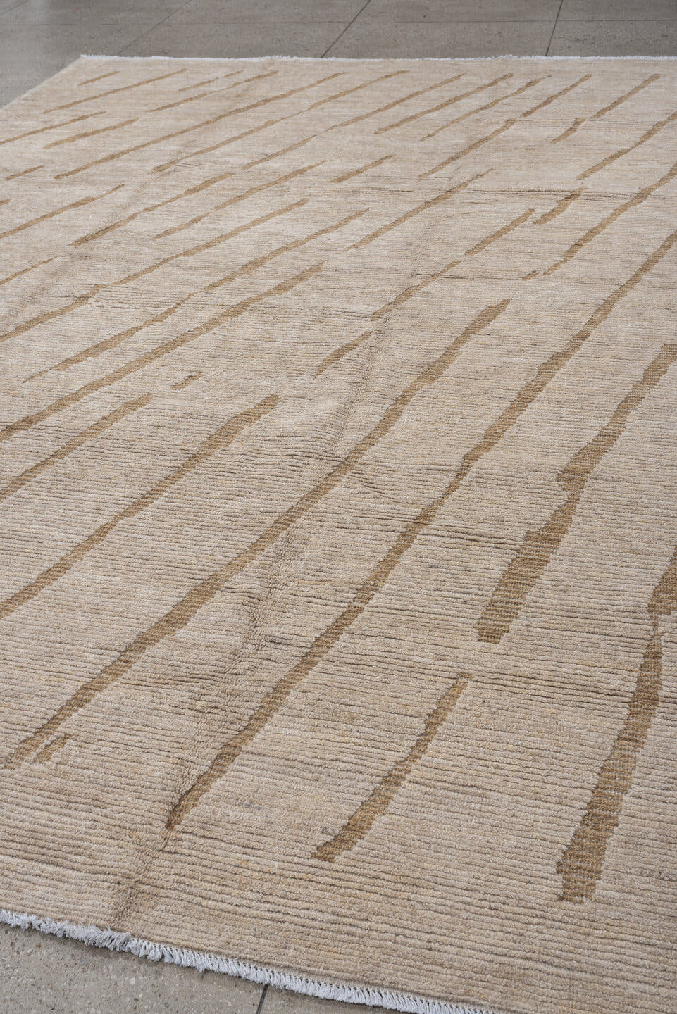 9' x 12' one-of-a-kind handmade vintage Tulu large size rug. Color palette: cream, camel, ivory, beige