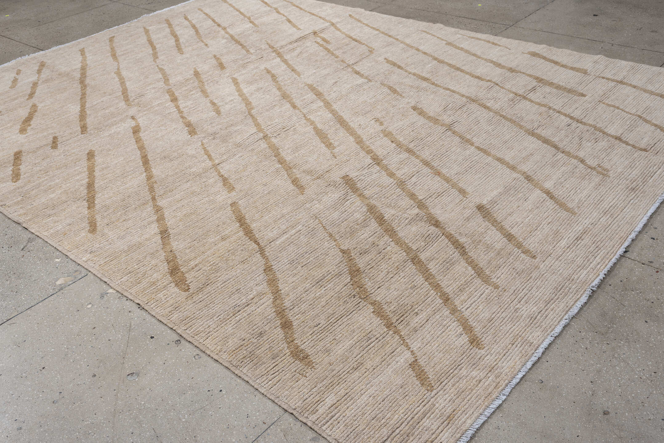 9' x 12' one-of-a-kind handmade vintage Tulu large size rug. Color palette: cream, camel, ivory, beige