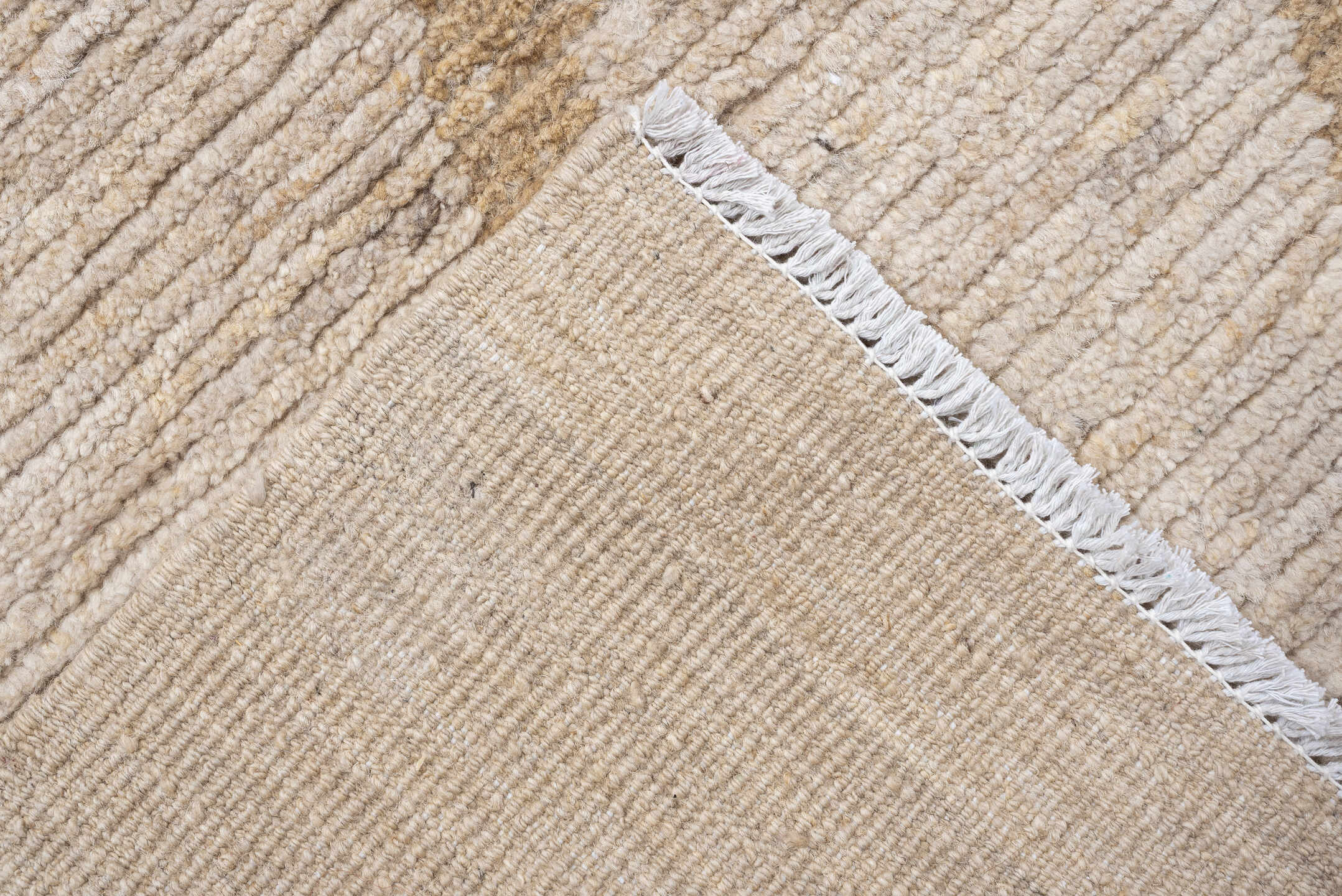 9' x 12' one-of-a-kind handmade vintage Tulu large size rug. Color palette: cream, camel, ivory, beige