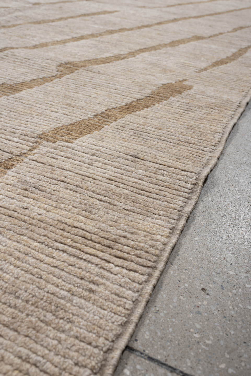 9' x 12' one-of-a-kind handmade vintage Tulu large size rug. Color palette: cream, camel, ivory, beige