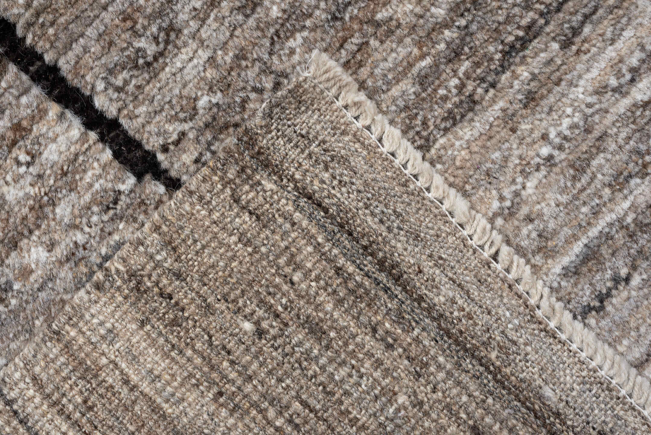 9' x 11' one-of-a-kind handmade vintage Moroccan large size rug. Color palette: taupe, ivory, charcoal, greige, stone, beige