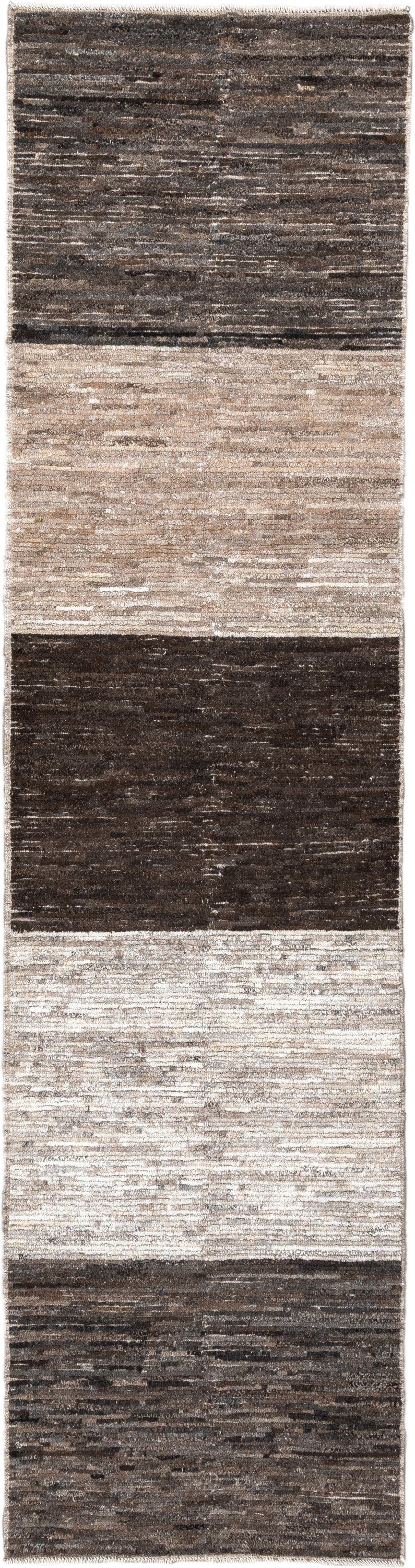 3' x 12' one-of-a-kind handmade vintage Tulu runner rug. Color palette: charcoal, taupe, ivory, brown, cream, slate, black