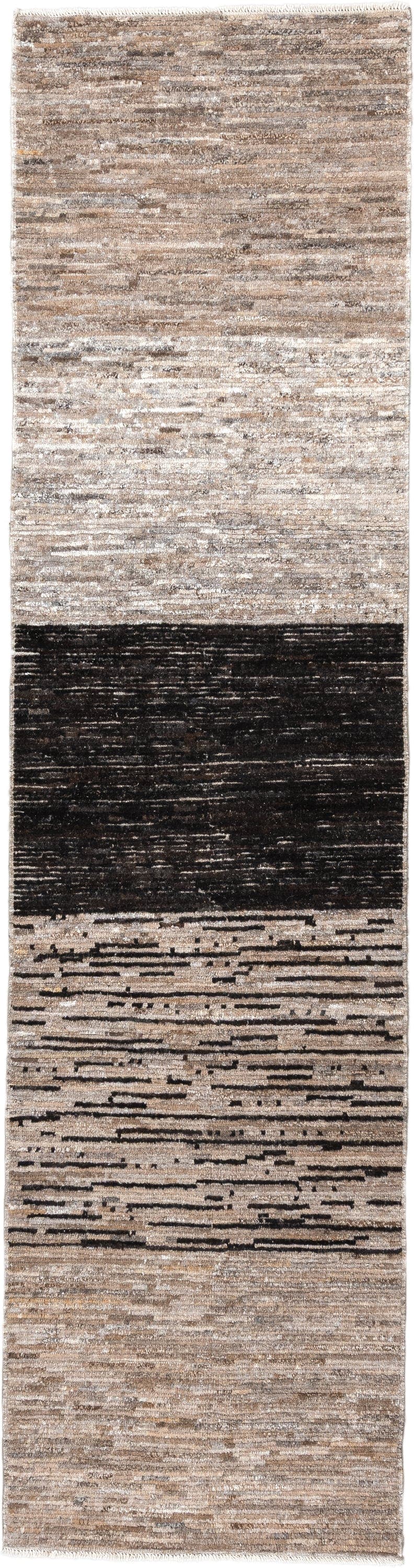 3' x 12' one-of-a-kind handmade vintage Tulu runner rug. Color palette: taupe, ivory, charcoal, cream, brown, greige, beige