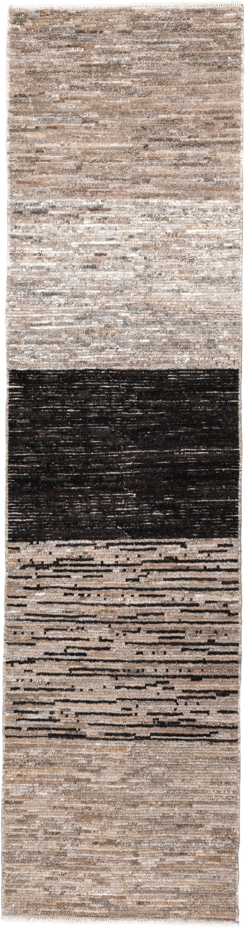 3' x 12' one-of-a-kind handmade vintage Tulu runner rug. Color palette: taupe, ivory, charcoal, cream, brown, greige, beige