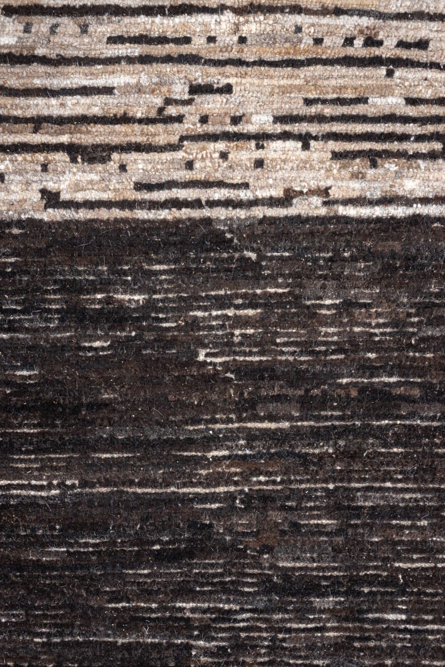 3' x 12' one-of-a-kind handmade vintage Tulu runner rug. Color palette: taupe, ivory, charcoal, cream, brown, greige, beige