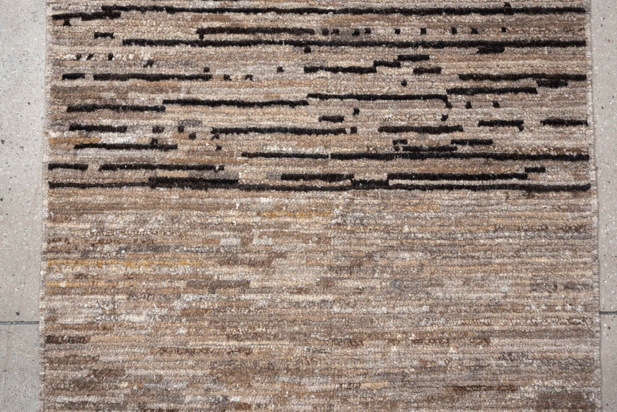 3' x 12' one-of-a-kind handmade vintage Tulu runner rug. Color palette: taupe, ivory, charcoal, cream, brown, greige, beige